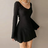 GETADME Women Bodycon Mini Dresses for Women Sexy Long Sleeve Ruched Short Dress Knit Long Sweater Fairy Grunge Y2K Streetwear