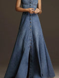GETADME Elegant Denim Long Dress Women 2025 Summer New Casual Retro All-match Dresses Female Single Button A-line Split Hem Vestidos