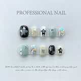 GETADME 10Pcs Handmade Gothic Short Press on Nails Rhinestone Round Manicure Decoration Wearable Full Cover with Design Acrylic Nail Tip