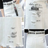 GETADME 2025 New Women Skirt White Denim Long Skirts Letter Print Korean Style Fashion Hole Oversize Plus Size Female Skirts