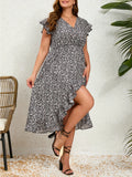 GETADME 플러스 사이즈 드레스 여름 우아한 앞면 짧은 긴 플라운스 V넥 드레스 여름 필수 작은 꽃 통기성 드레스