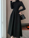 Getadme Women Winter Turtleneck Black Midi Dress Korean Elegant Long Sleeve A-line Slim Vestidos Autumn Office Lady Casual Robe Clothes