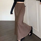 GETADME Xpqbb Lazy Style High Waist Long Skirt Women Vintage Brown Fold Slim Fit Mermaid Skirts Female Elegant Streetwear Midi Skirts