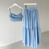 GETADME Neploe Sexy Two Piece Set 2025 Summer Femme French Style V-neck Slim Fit Short Suspended Tank Top High Waist Large Swing Skirt