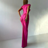 GETADME 여성 봄/여름 정장 솔리드 O넥 반팔 바디수트+셔링 스플릿 롱 스커트 캐주얼 하이스트리트 클럽 2피스 세트