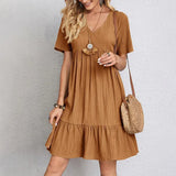 GETADME 2025 Loose V-neck Short Sleeved Pleated Women Dress Solid Color A-line Beach Dresses Elegant Simple Comfortable Woman Clothing