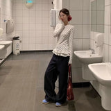 GETADME 새로운 러플 트림 긴팔 티셔츠 물방울 무늬 얇은 내부 탑 스위트 베로 모다