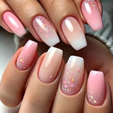 GETADME 24Pcs Short Square Coffin False Nails Square Fake Nails with Glue French Glitter Wearable Acrylic Nails Set Press on Nail Tips