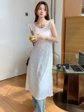 Women Sexy Hollow Out  Lace Dresses Chic Solid Bandage Design Mid-calf Summer Simple Cross Elegant Korean Style Party Dresses