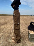 GETADME 2026 Ropa Y2K Streetwear Multi Pockets Brown Baggy Cargo Jeans Pants For Women Clothes Straight Cotton Hip Hop New Lady Trousers