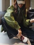 GETADME Veste en cuir vert olive, coupe vintage, tendance streetwear, fermeture éclair, revers, pardessus court, ample, décontractée, vêtement d'extérieur automne