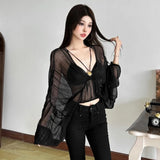 GETADME SylCue Mesh See Through T-Shirts Woman Lace-Up Metal Decoration Low-Neck Batwing Sleeve Hot Girls Street Fashion Wild Style Tops