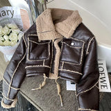 Getadme-Black Lambswool Jacket Winter Thickened Plus Velvet Motorcycle Faux Leather Stitching Coat PU Plush Cardigan Stand Collar Tops