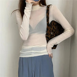 GETADME 섹시 여성 티셔츠 시스루 투명 메쉬 탑 긴팔 시스루 슬림 여성 솔리드 터틀넥 실크 티셔츠 레이스 크롭 탑