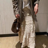 GETADME 2025 Crochet Long Semi Skirt Women Lace Version of Gentle Heavy Industry Retro Hollow Design Elastic Knitted  A-shaped