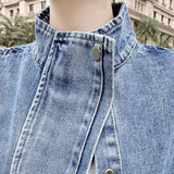 GETADME 여성 블루 데님 재킷 만다린 칼라 긴팔 솔리드 루즈 오버사이즈 차케타 무헤르