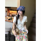 GETADME 플로럴 케이크 하와이안 스커트 유화 스타일 봄 여름 A라인 스커트 튤 스커트 한국 스트리트웨어 Y2K 롱 스커트 여성