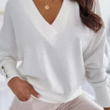 GETADME Spring Autumn Women Pure Soft Long Sleeve Sweater V-neck Fashion Jumper Office Lady Button Loose Casual Pullover Top Sweaters