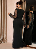 GETADME Women Black Plus Size Dress Square Neck Mesh Sequin Tassel Sleeve Bodycon Maxi Dress Party Cocktail Spring Summer Evening Dress