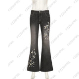 GETADME Women's Floral Embroidered Jeans Spring and Autumn Retro Low-Rise Flared Pants Loose Knit Basic Style All-match Streetwear 2000s