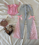 GETADME American Sweetheart Style Deep Blue Mint Green Lace Jeans Y2k Harajuku Splicing Bow Decoration High Waist Micro Bellbottom Pants