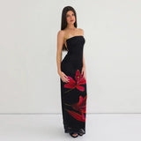GETADME Laxsesu Mesh Flower Print Strapless Backless Lace Up Sexy Elegant Bodycon Maxi Prom Dress Women Y2K Outfit Party Beach Christmas