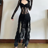 GETADME Elegant Long Sleeve T-Shirt Women's Lace See-through Slimming Holiday Style Sexy Top Square Collar Patchwork Slinky Fabric