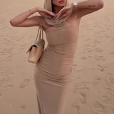 GETADME Summer Hooded Sleeveless Sexy Maxi Dress Women Streetwear Ruched Skinny Party Bodycon Solid Backless Gowns
