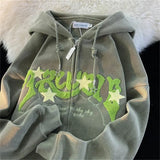 GETADME Fashion Embroidery Zip Up Hoodies Women Autumn Long Sleeve Tops Loose Hood Shirt Harajuku Y2K Clothes Female Sweatshirt Jacket