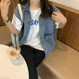 GETADME Loose Korean Style Denim Jacket Women's Casual Sleeveless Workwear Student Vest Spring 2025 Trend Outerwear