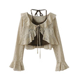 GETADME Women Autumn Top French Retro Sweet Jacket Waisted Short Lace Ruffle Edge Spicy Style Suspenders Two Piece