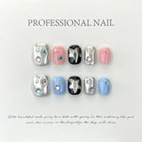 GETADME 10Pcs Handmade Gothic Short Press on Nails Rhinestone Round Manicure Decoration Wearable Full Cover with Design Acrylic Nail Tip