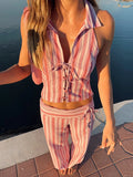 GETADME Striped Lace Up Women Vest Pants Set Summer Sleeveless Backless Slim Lady Top Sets 2025 Fashion Straight Casual Female Pant Suit