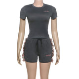 GETADME 2025 Summer Slimming Sporty Sets Letter Embroidered Short Sleeve T-shirt and Tassel Elastic Waist Shorts Women 2Pcs Outfits