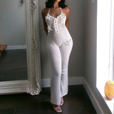 GETADME 니트 홀터 고탄성 시스루 홀터 백리스 솔리드 컬러 플로럴 아플리케 클럽 스트리트 로우컷 점프수트 (여성용)