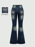 GETADME Fashion Y2k Jeans For Woman Blue High Waist Flared Denim Pants With Embroidery Vintage Retro Style  2025 Trendy Collection