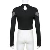 GETADME Goth Mesh Patchwork T-Shirts Sexy Hollow Out Long Sleeve Eyelet Crop Tops Fashion Women Punk Style Slim Tees Streetwear