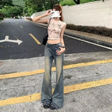 GETADME Vintage Fringe Bell Bottom Jeans Women's Slimming Low Waist Summer Petite Trousers American Style Casual Chic Fashion