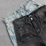 GETADME Deeptown Washed Ripped Short Jeans Women and Man Hole Embroidery Wide Leg American Retro Jorts Baggy Casual Streetwear Summer