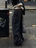GETADME 2025 Punk Style Y2K Streetwear Washed Black Baggy Cargo Jeans Pants For Women Designer Clothes Wide Leg Lady Trousers Ropa Mujer