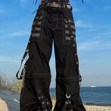 GETADME Women Fall Winter Cargo Jeans Striped Zipper Button Closure Loose Casual Trousers Streetwear with Pockets