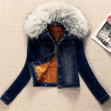 GETADME 2025 Autumn Winter Fleece Denim Jacket Women Big Fur Collar Short Coat Thicken Velvet Liner Warm Tops Lady Jean Coat Outerwear