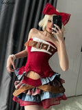 Getadme  Preppy Style Vintage Red Denim Bustier Tops + Sweet Spicy Pure Design Mini Cake Skirt Women 2 Piece Sets Summer 2025 Korea Style