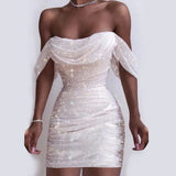 Getadme-Fall Dresses For Women 2024 Sexy Off Shoulder Ruched Glitter Sparkly Sequin Straight Bodycon Slim White Dress Vintage Prom Dress