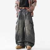 GETADME Retro Multi Pocket Curved Knife Jeans Autumn And Winter Vintage Wide Leg Workwear Pants Korean Version High Street Men'S Jeans
