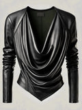 GETADME Women Cowl V Neck PU Leather Long Sleeve Blouse Cinched Irregular Hem Solid Leather T Shirt High Street Spring Streetwear