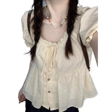 GETADME Lace Shirts and Blouses Korea To-neck Ashion Woman Blouse 2025 Petal Short Sleeve Ruffles Ladies Top Female Solid Clothes New