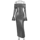 GETADME Elegant Flare Sleeve Sequins Banquet Party Maxi Dress Off Shoulder Slim Fit Pleated Autumn Winter Fashion Temperament Vestidos