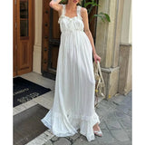 GETADME Combhasaki Womens Vintage Floral Lace Trim Tie-up Square Neck Sleeveless Backless Empire Waist Ruffled Hem Swing Long Tank Dress