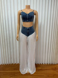 GETADME 2 Piece Sets Women Sexy Denim Camisole Wide Leg Pants Patchwork Folds Slip Vest Floor Length Suit 2025 Summer Casual Outfits